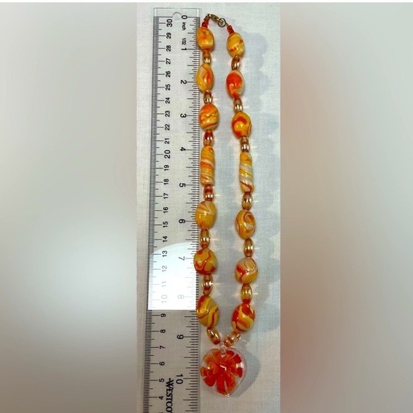 Heart Pendant Murano Style Glass Bead Necklace Orange - Picture 5 of 11